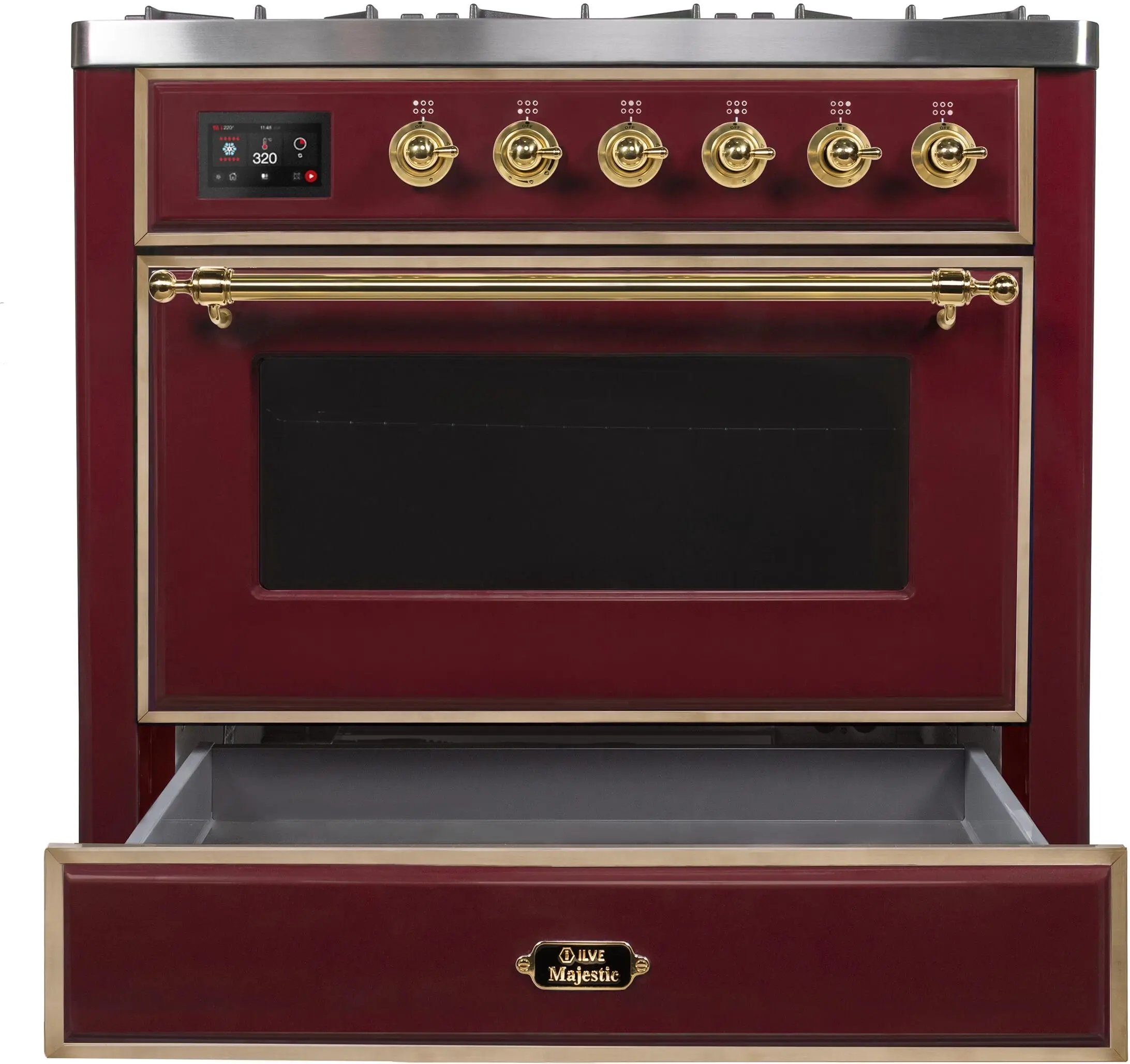 Ilve UM096DNS3BUGLP Liquid Propane In Burgundy W/ Brass Trim