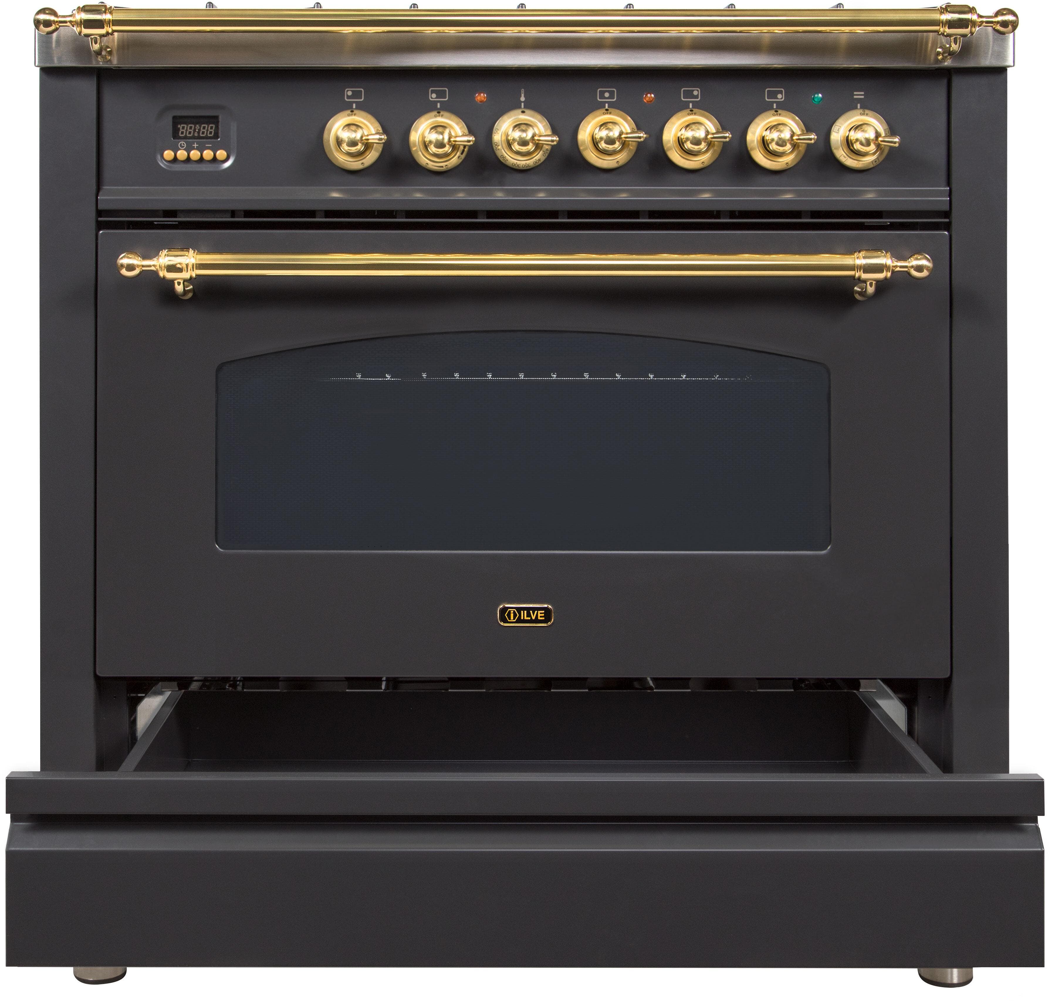 Ilve UPN90FDMPMLP Liquid Propane In Matte Graphite W/ Brass Trim