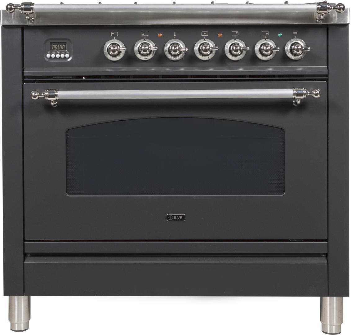Ilve UPN90FDMPMXLP Liquid Propane In Matte Graphite W/ Chrome Trim
