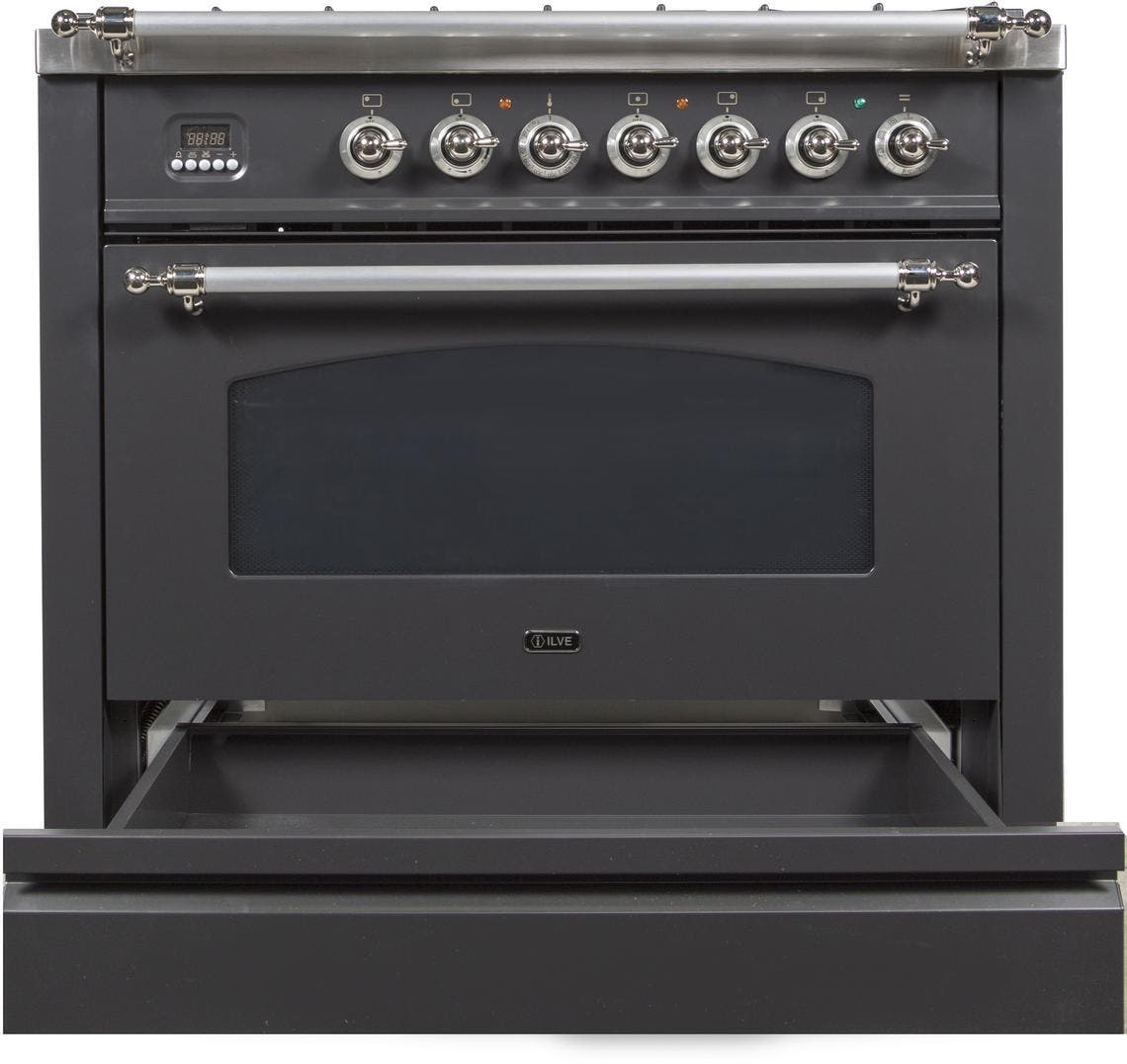 Ilve UPN90FDMPMXLP Liquid Propane In Matte Graphite W/ Chrome Trim