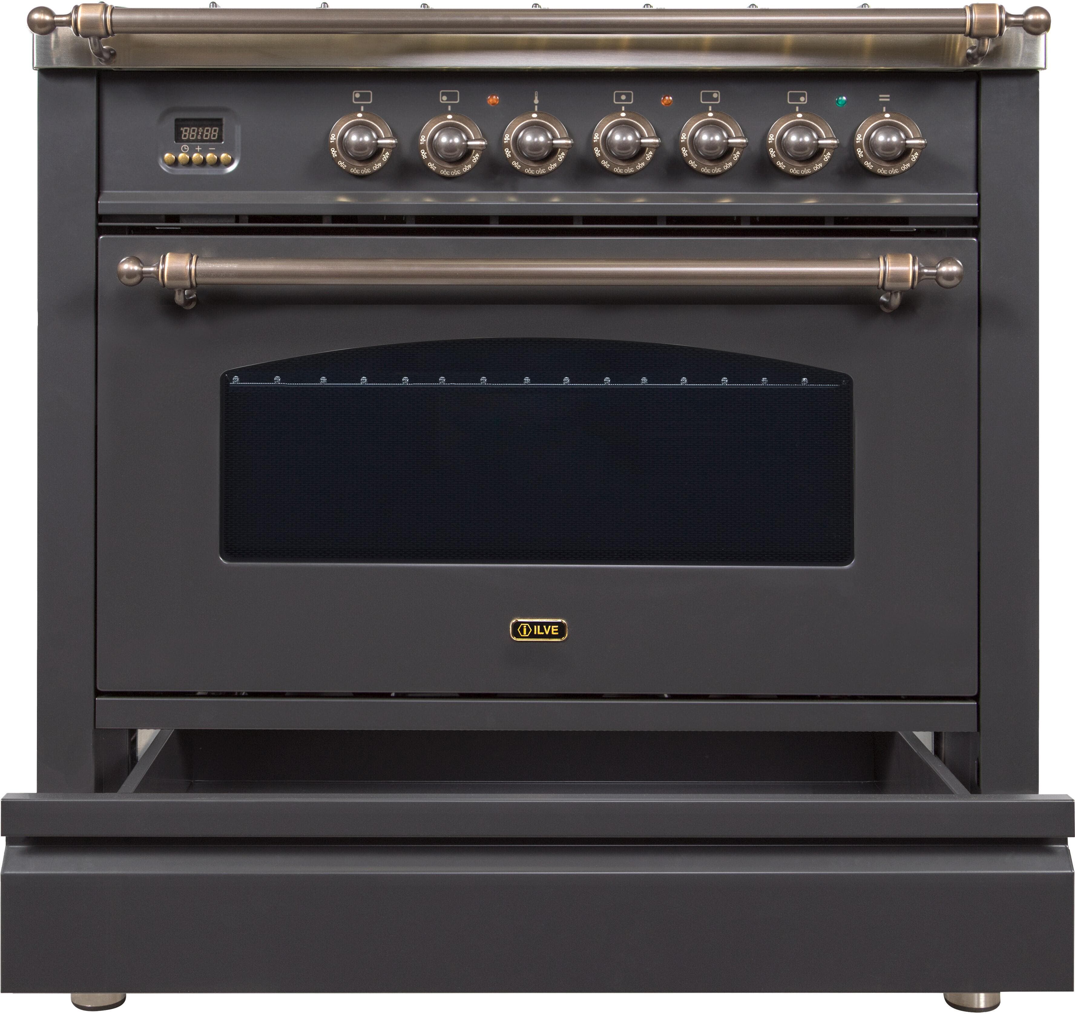 Ilve UPN90FDMPMY Natural Gas In Matte Graphite W/ Bronze Trim