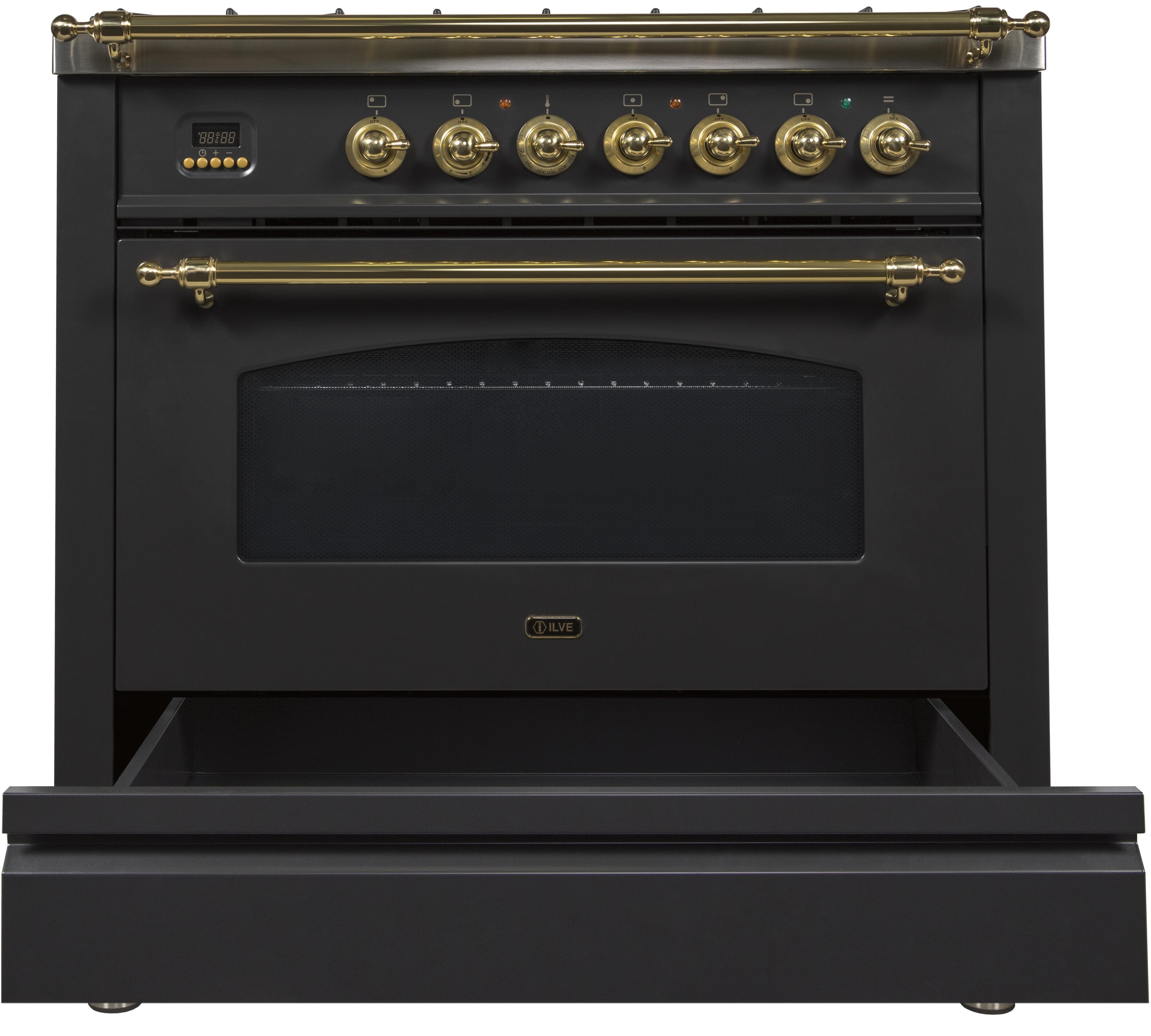 Ilve UPN90FDMPNLP Liquid Propane In Glossy Black W/ Brass Trim