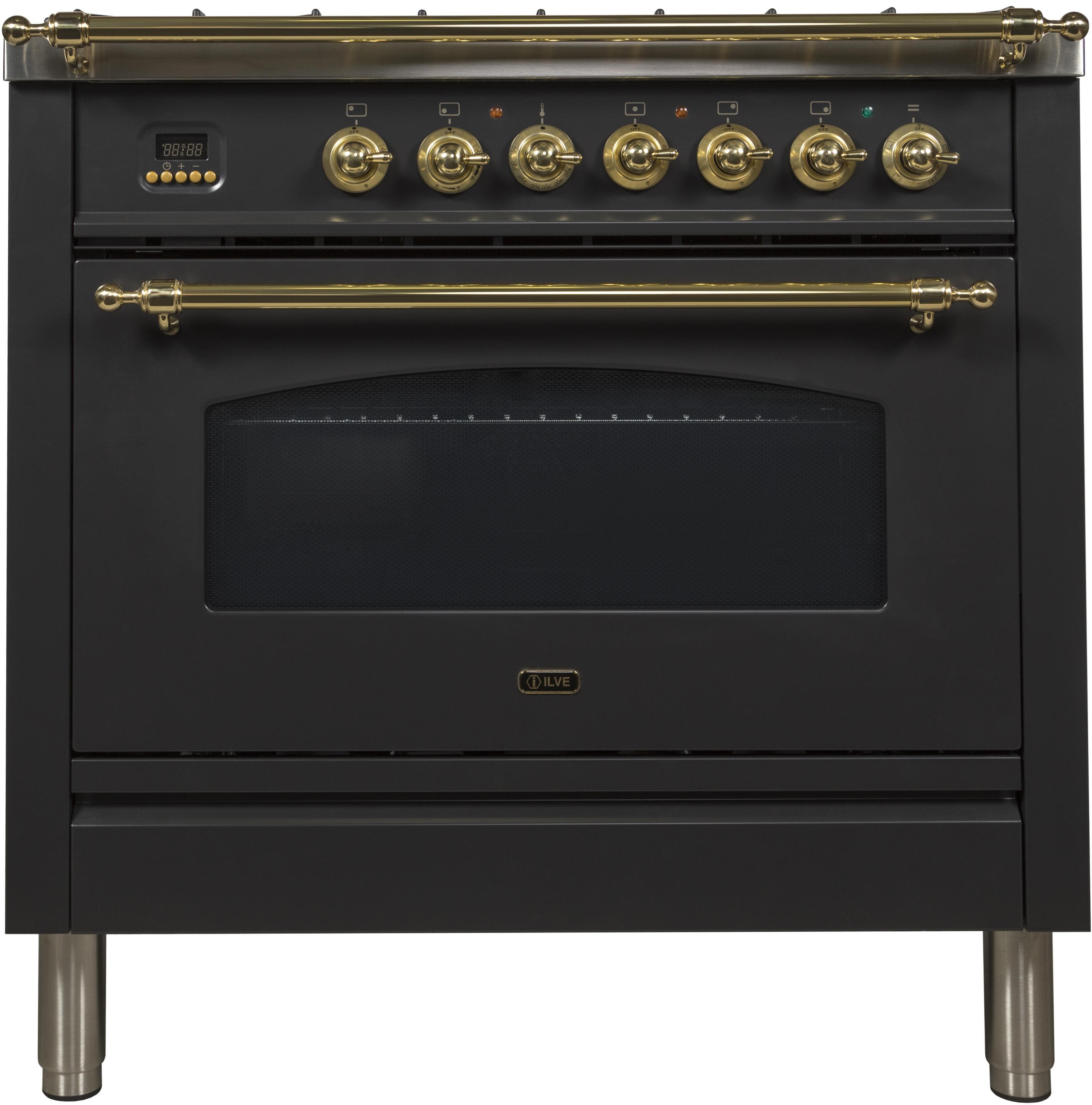 Ilve UPN90FDMPNLP Liquid Propane In Glossy Black W/ Brass Trim