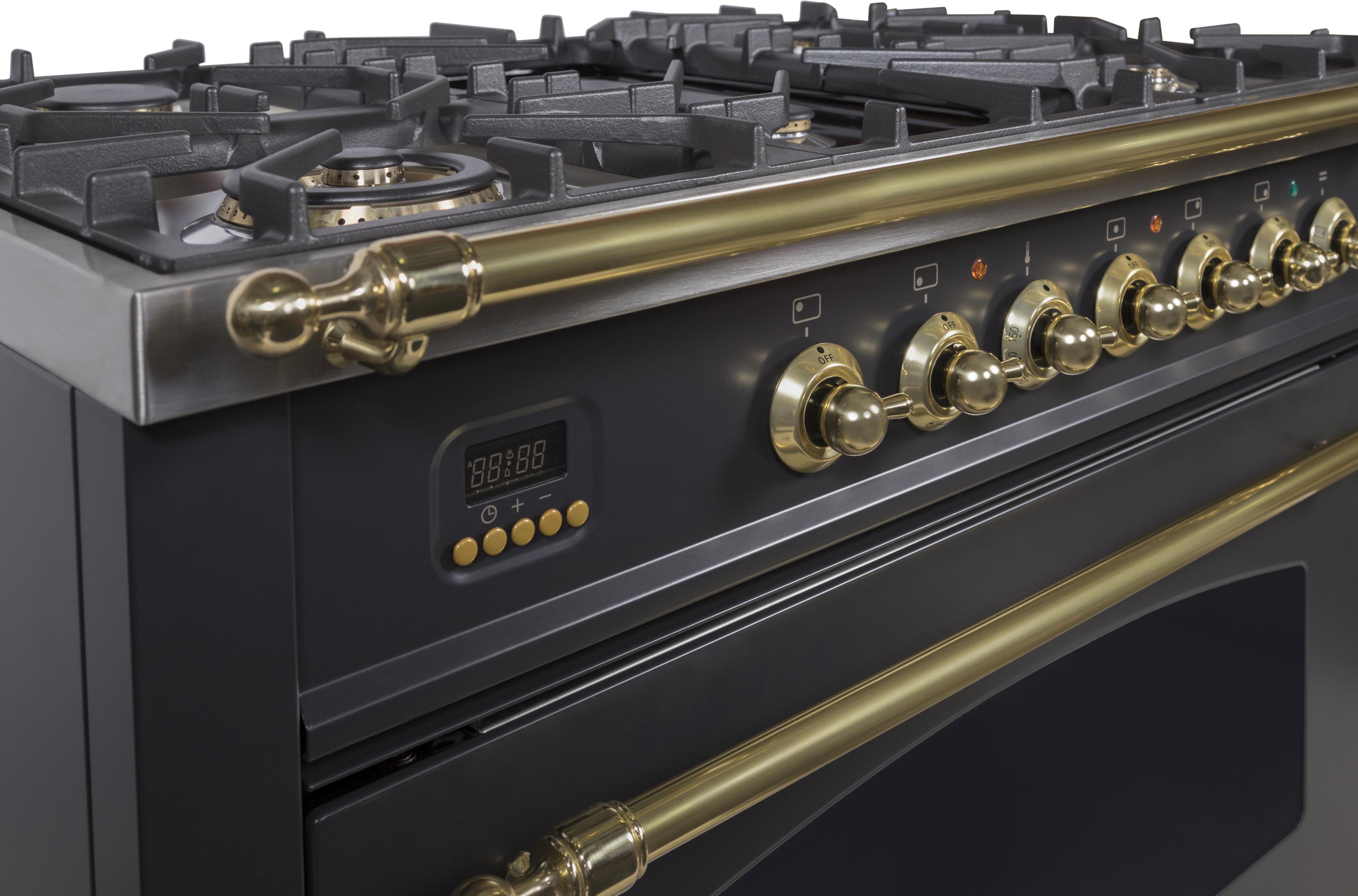 Ilve UPN90FDMPNLP Liquid Propane In Glossy Black W/ Brass Trim