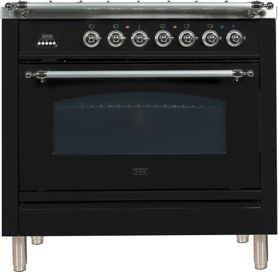 Ilve UPN90FDMPNXLP Liquid Propane In Glossy Black W/ Chrome Trim