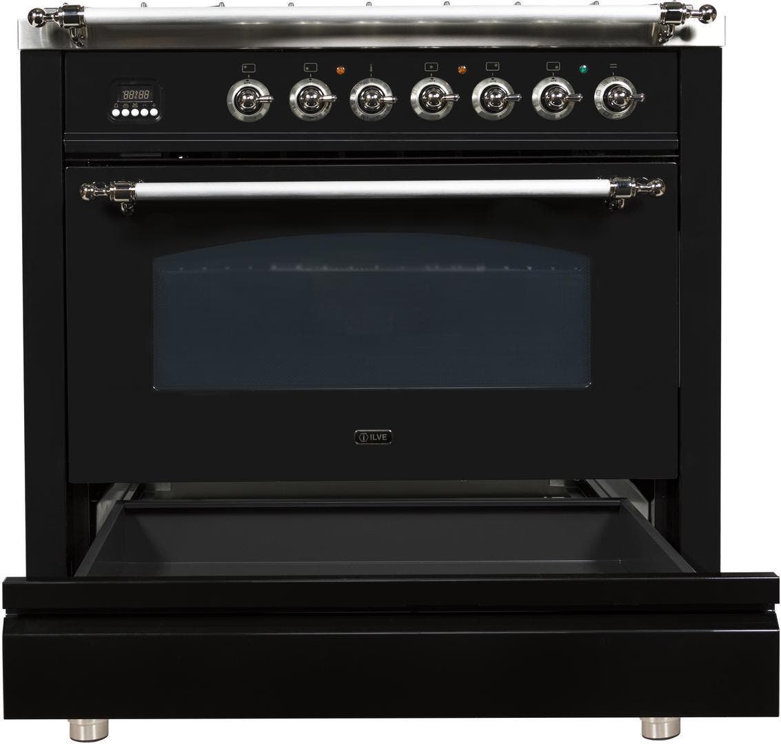 Ilve UPN90FDMPNXLP Liquid Propane In Glossy Black W/ Chrome Trim