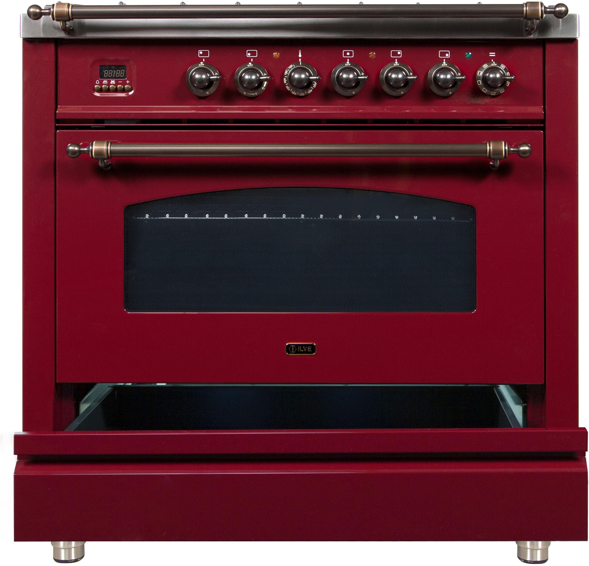 Ilve UPN90FDMPRBY Natural Gas In Burgundy W/ Bronze Trim