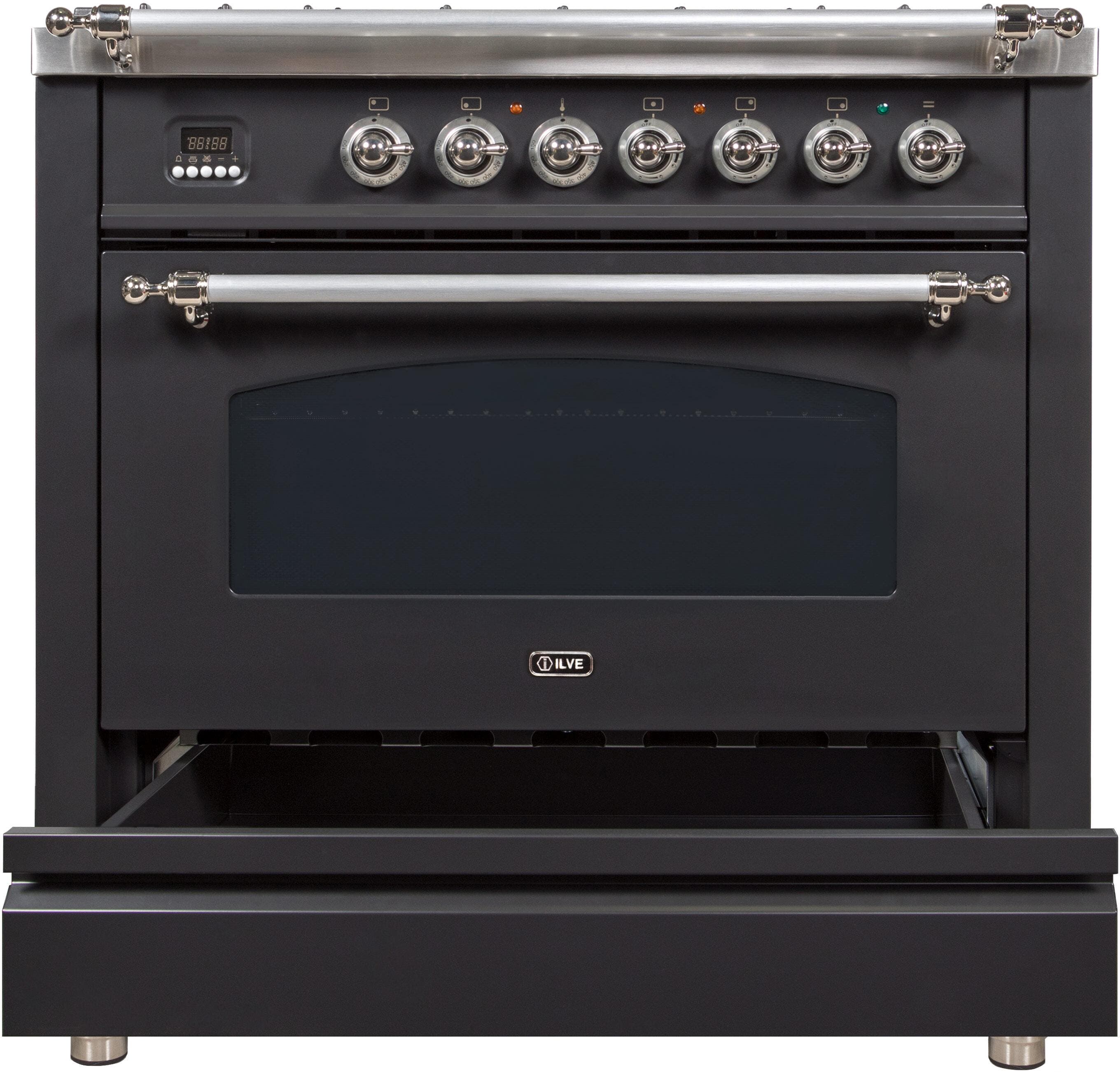 Ilve UPN90FDVGGMXLP Liquid Propane In Matte Graphite W/ Chrome Trim
