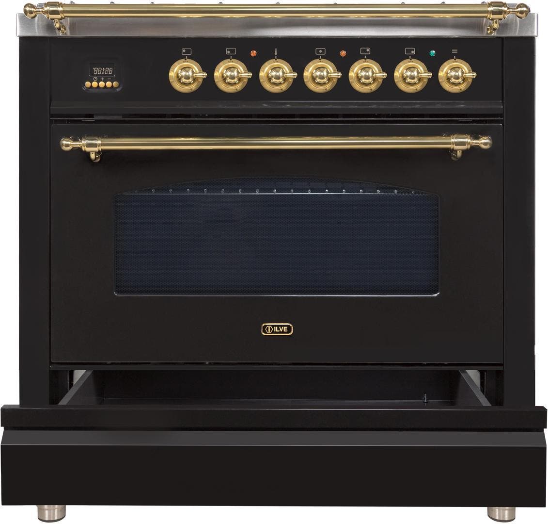 Ilve UPN90FDVGGNLP Liquid Propane In Glossy Black W/ Brass Trim