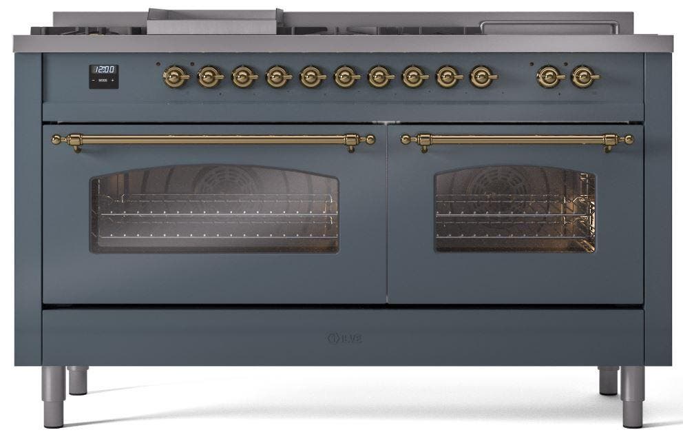 Blue Grey, Brass Trim, Triple Glass Door