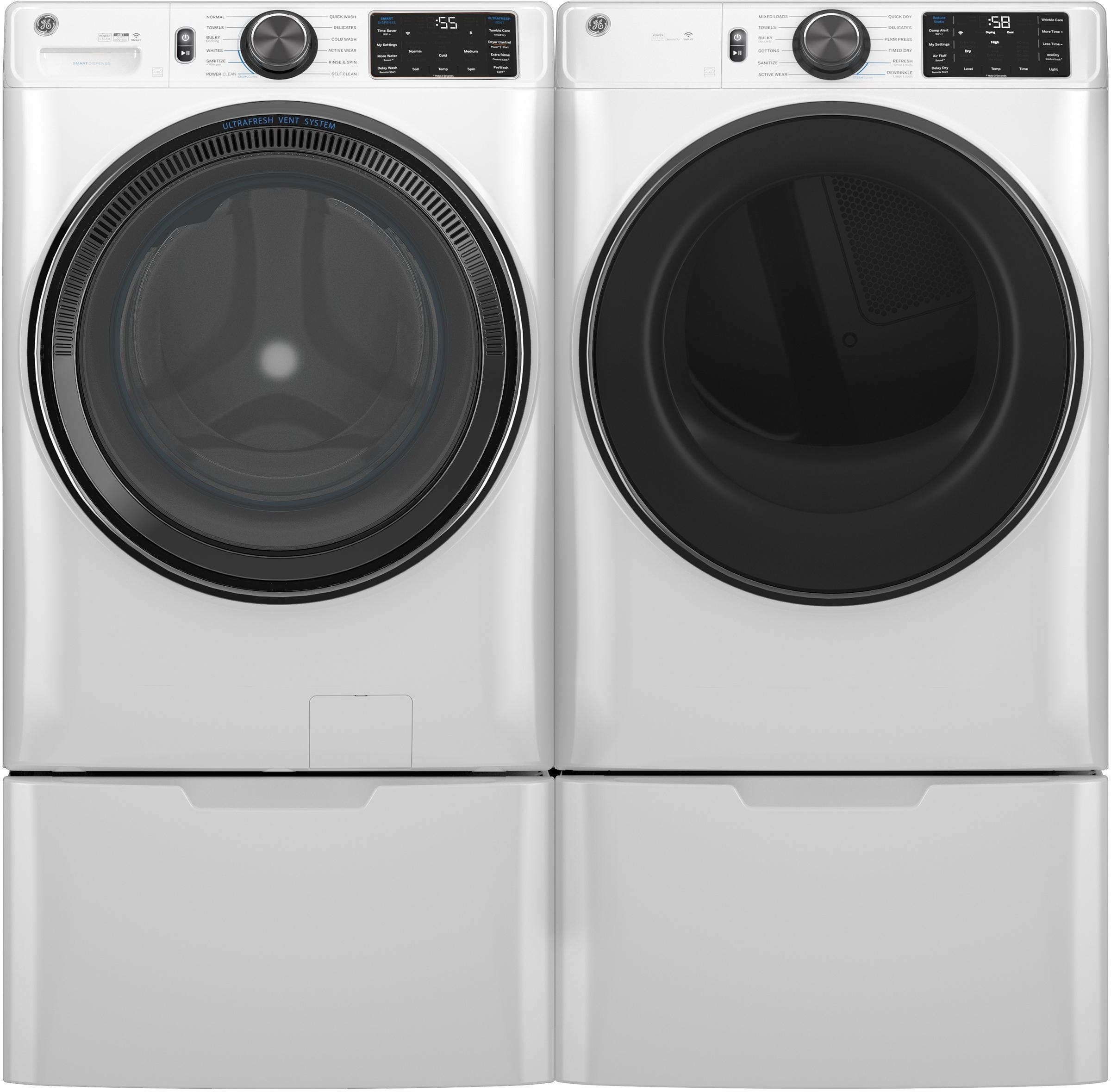 Front Load Gas Laundry Pair in White on Pedestals