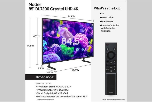 Samsung Electronics UN85DU7200FXZA 4K 60Hz SlimLook Design QLED Motion Xcelerator Sma...