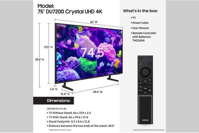 Samsung Electronics UN75DU7200FXZA 4K 60Hz SlimLook Design QLED Motion Xcelerator Sma...