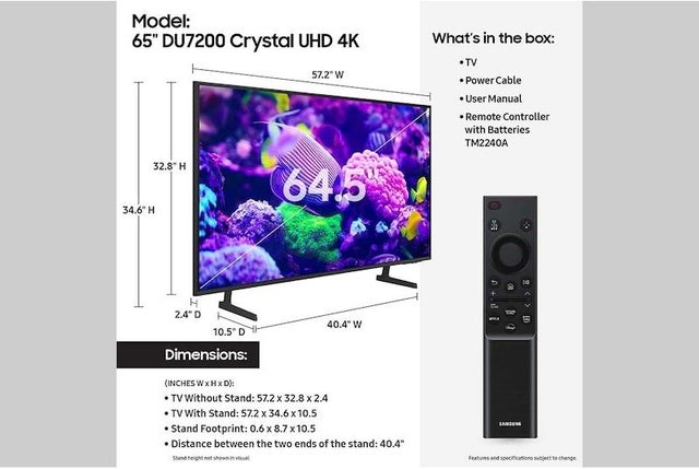 Samsung Electronics UN65DU7200FXZA 4K 60Hz SlimLook Design QLED Motion Xcelerator Sma...