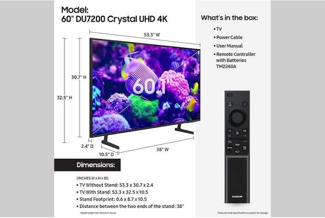 Samsung Electronics UN60DU7200FXZA 4K 60Hz SlimLook Design QLED Motion Xcelerator Sma...