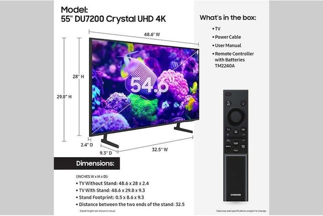 Samsung Electronics UN55DU7200FXZA 4K 60Hz SlimLook Design QLED Motion Xcelerator Sma...