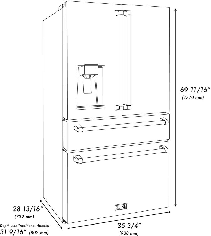 Zline RFMW36 36 Inch 21.6 cu. ft Freestanding French Door Refri...