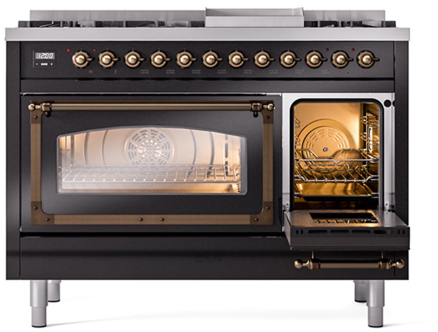 Ilve UN48FNMPBKBLP Glossy Black With Bronze Knobs, Liquid Propane
