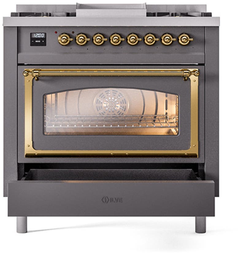 Ilve UN36FNMPMGGLP Graphite Matte With Brass Knobs, Liquid Propane