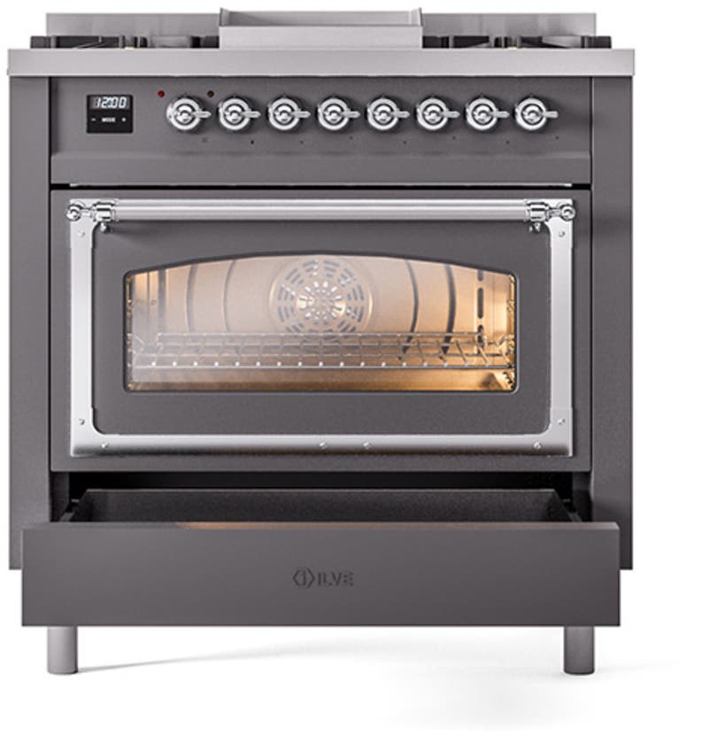 Ilve UN36FNMPMGCLP Graphite Matte With Chrome Knobs, Liquid Propane