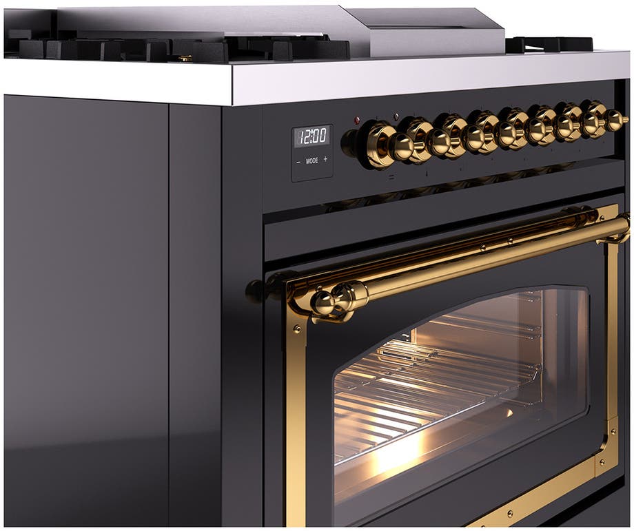 Ilve UN36FNMPBKGLP Glossy Black With Brass Knobs, Liquid Propane