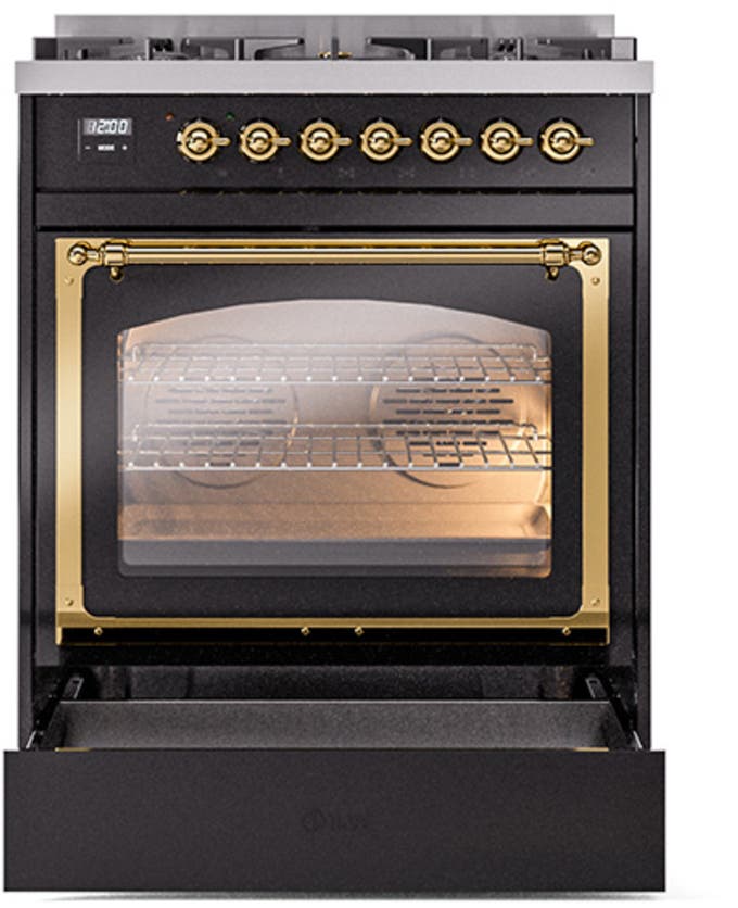 Ilve UN30NMPBKGLP Glossy Black With Brass Knobs, Liquid Propane
