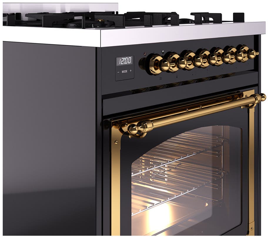 Ilve UN30NMPBKG Glossy Black With Brass Knobs, Natural Gas