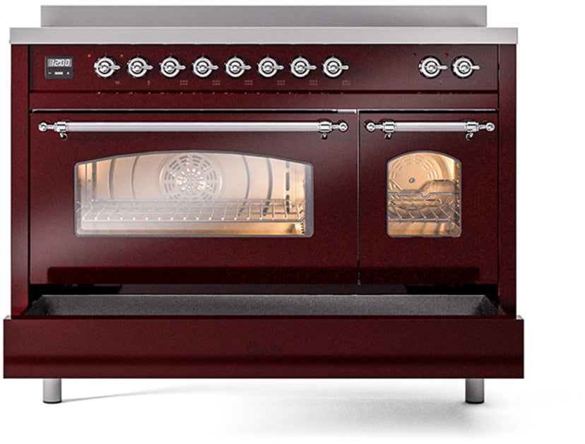 Ilve UPI486NMPBUC 48 inch All Electric Range: Burgundy Chrom