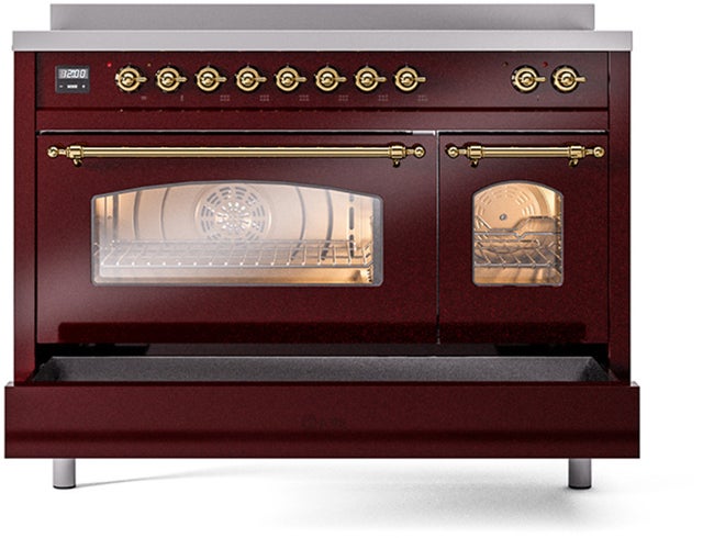 Ilve UPI486NMPBUG 48 inch All Electric Range: Burgundy Brass