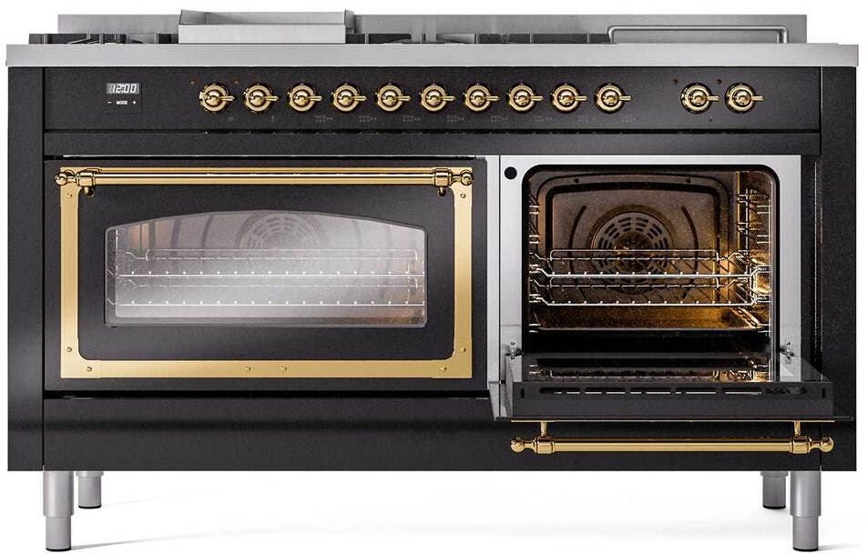 Ilve UN60FSNMPBKGLP Glossy Black With Brass Knobs, Liquid Propane