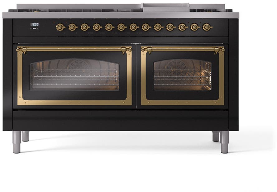 Ilve UN60FNMPBKGLP Glossy Black With Brass Knobs, Liquid Propane