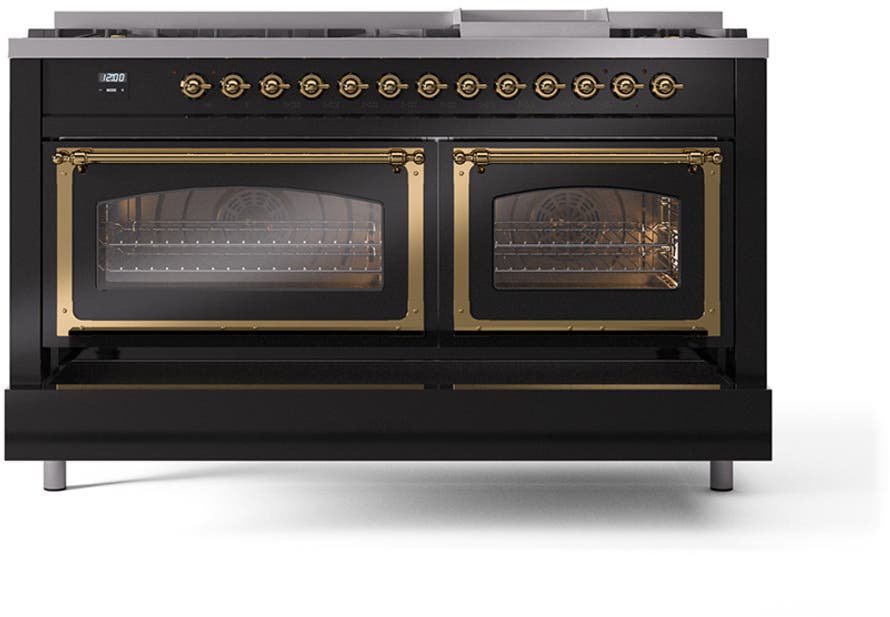 Ilve UN60FNMPBKGLP Glossy Black With Brass Knobs, Liquid Propane