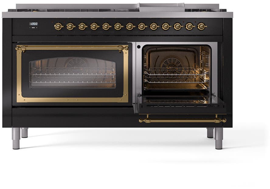 Ilve UN60FNMPBKG Glossy Black With Brass Knobs, Natural Gas