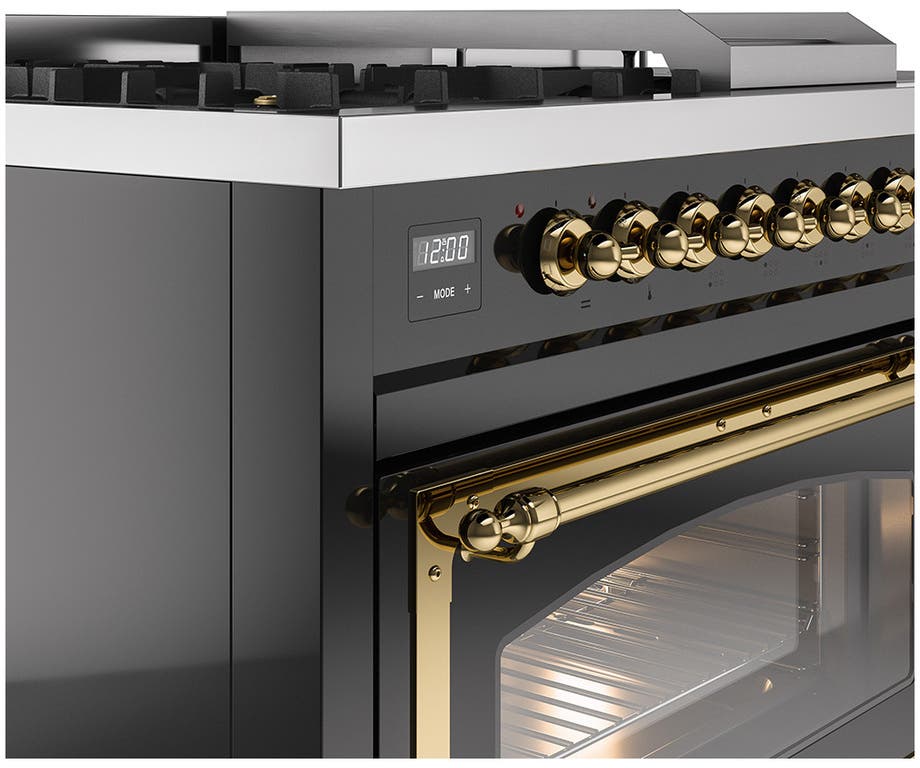 Ilve UN48FSNMPBKG Glossy Black With Brass Knobs, Natural Gas