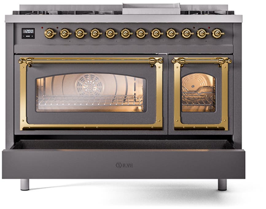 Ilve UN48FNMPMGGLP Graphite Matte With Brass Knobs, Liquid Propane