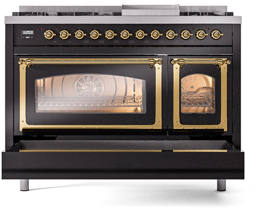 Ilve UN48FNMPBKGLP Glossy Black With Brass Knobs, Liquid Propane