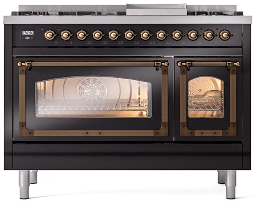 Ilve UN48FNMPBKBLP Glossy Black With Bronze Knobs, Liquid Propane