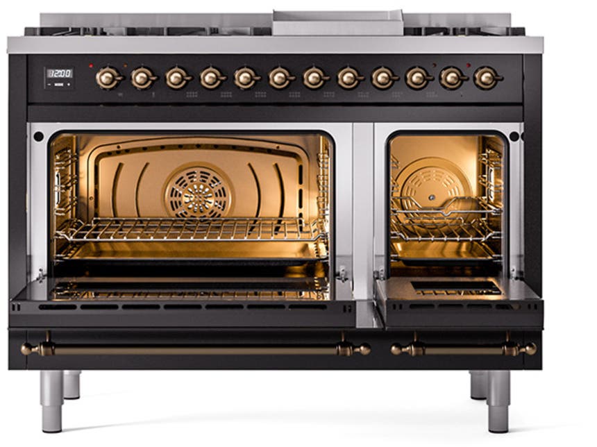 Ilve UN48FNMPBKBLP Glossy Black With Bronze Knobs, Liquid Propane