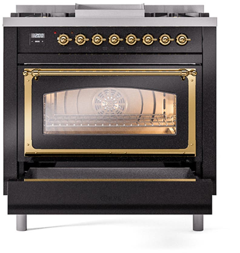 Ilve UN36FNMPBKG Glossy Black With Brass Knobs, Natural Gas