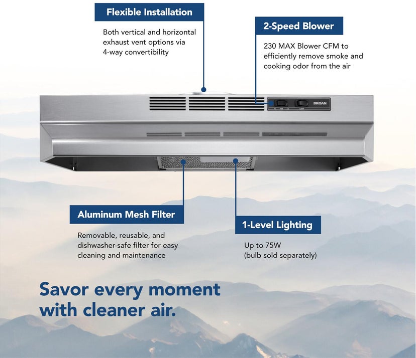 Broan F4030SF 30 Inch Convertible Under-Cabinet Range Hood, 230 ...