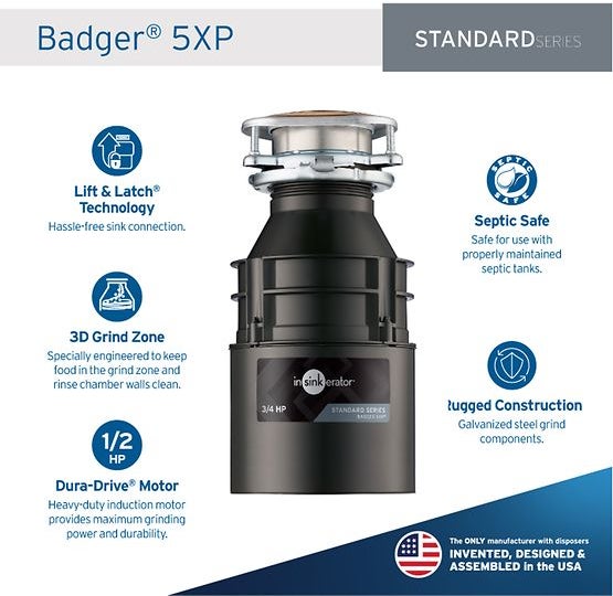 Insinkerator BADGER5XPA 3/4 HP Continuous Feed Waste Disposer with 1725 RP...