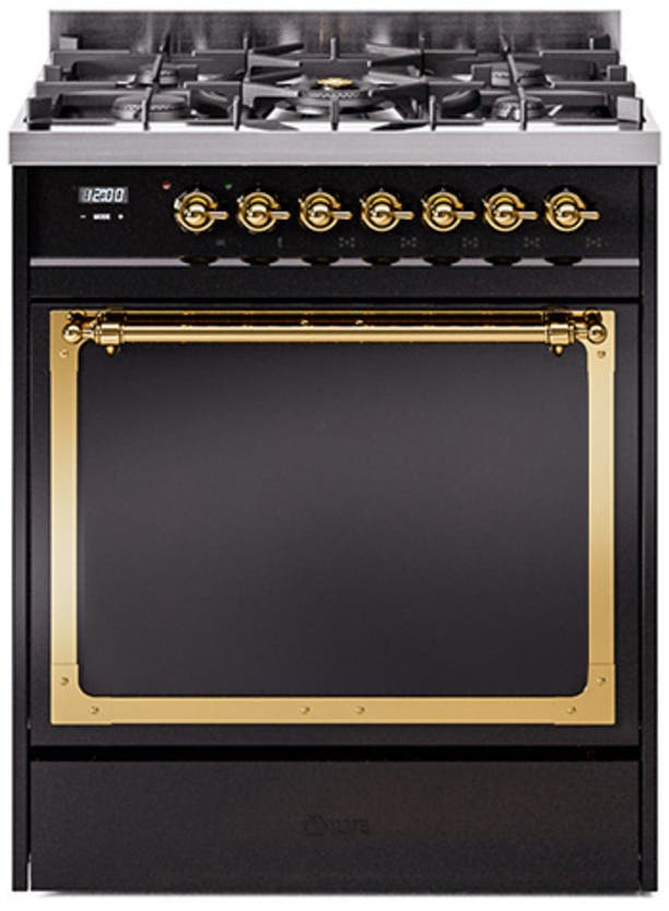 Ilve UN30QNMPBKGLP Glossy Black With Brass Knobs, Liquid Propane