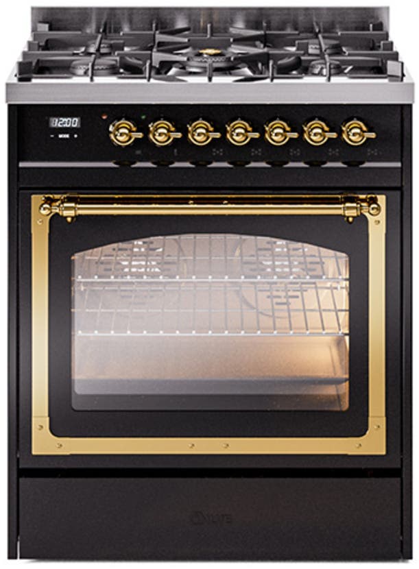 Ilve UN30NMPBKG Glossy Black With Brass Knobs, Natural Gas