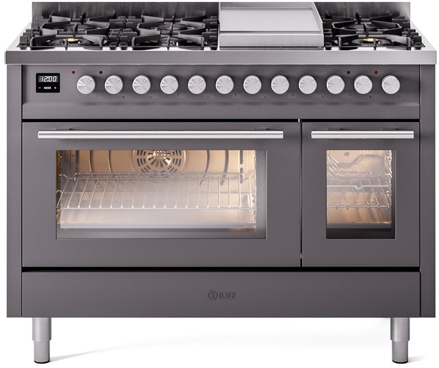 Ilve UP48FWMPMGLP 48 inch Dual Fuel Range Gas Burner Top and Electri...