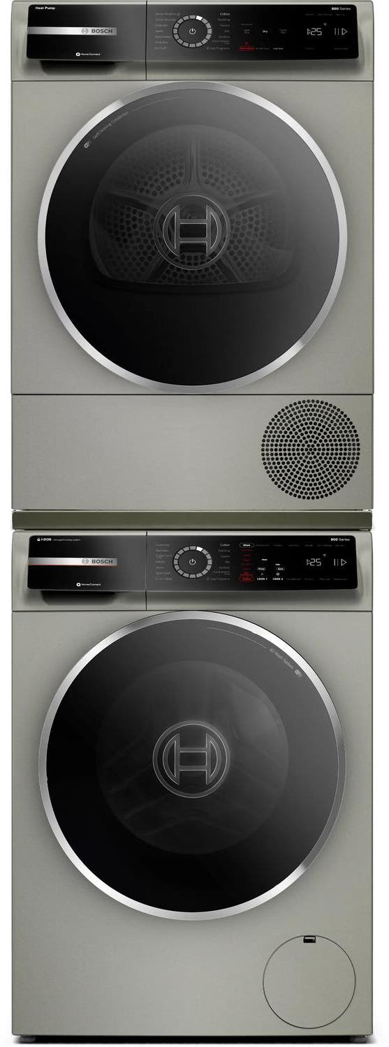 Stacked with Pull Out Tray Front Load Washer and Ventless Dryer Pair in Pearl Steel