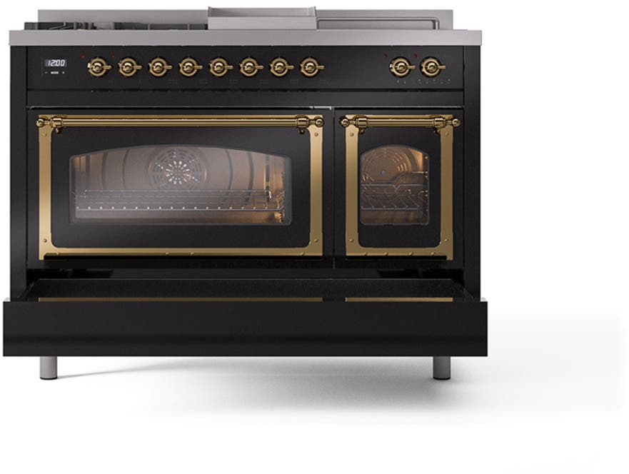 Ilve UN48FSNMPBKGLP Glossy Black With Brass Knobs, Liquid Propane