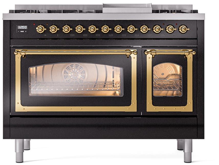 Ilve UN48FNMPBKG Glossy Black With Brass Knobs, Natural Gas
