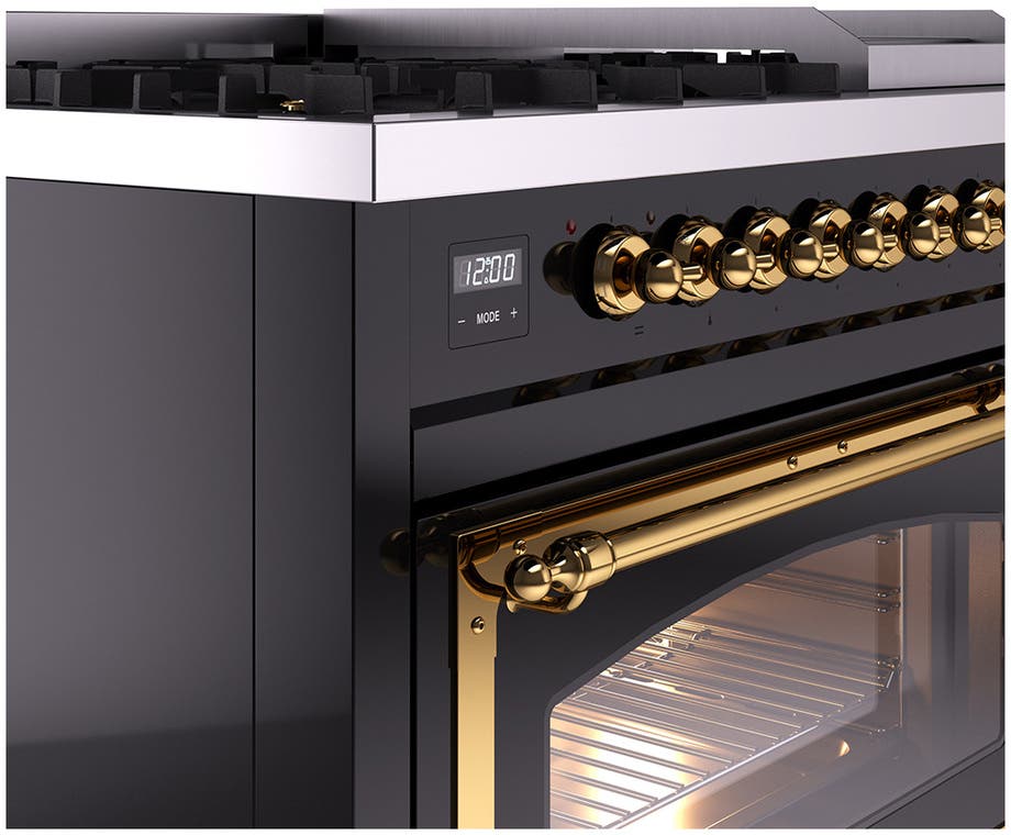 Ilve UN48FNMPBKG Glossy Black With Brass Knobs, Natural Gas