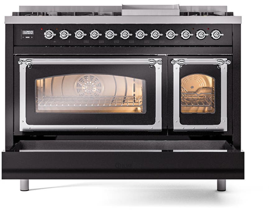 Ilve UN48FNMPBKC Glossy Black With Chrome Knobs, Natural Gas