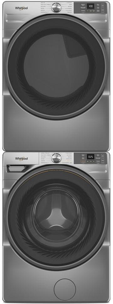 Stacked Front Load Washer and Electric Dryer Pair in Radiant Silver